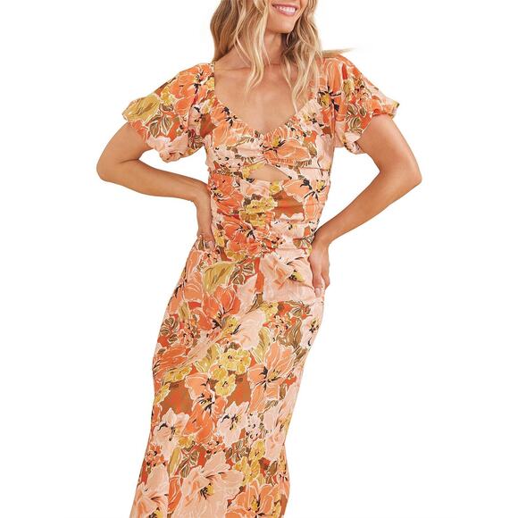 NWT MinkPink Tahlia Midi Dress Small Orange Pink Floral Print Linen Blend Party - Picture 3 of 11